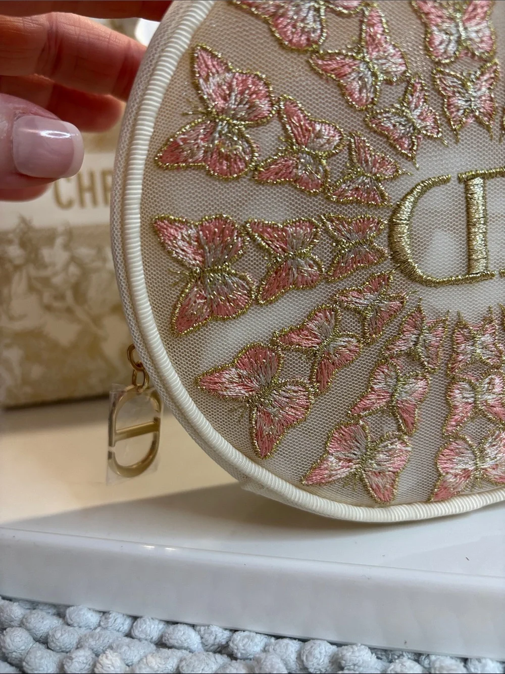 Dior Cream Round Pouch with Pink Butterfly Embroidery & Dior Bag